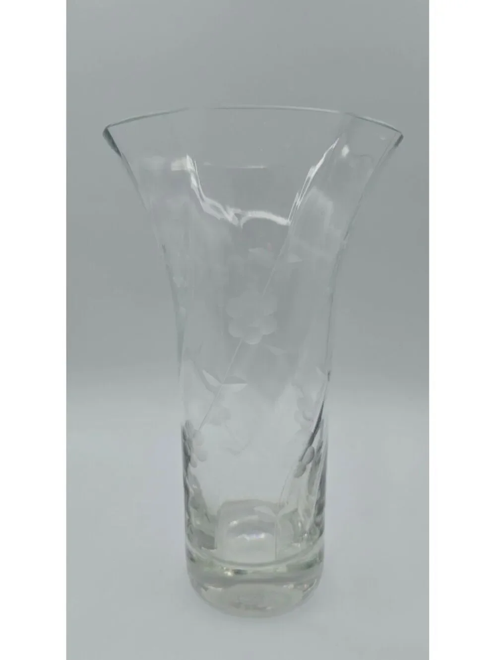 Vintage Bohemian Etched Floral Glass Trumpet Vase Czech 8